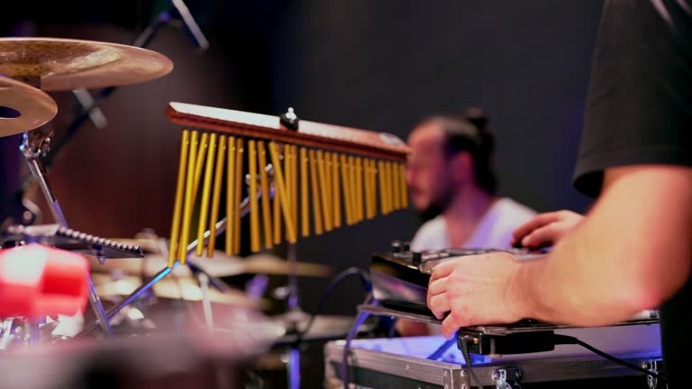 Percussion sound check, tubular bells on stage