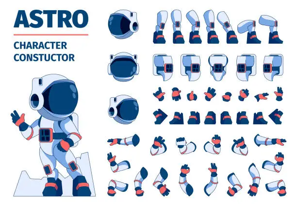 Vector illustration of Astronaut constructor kit. Cartoon space character body parts for animation sequence, arms legs and heads, astronauts in spacesuits. Vector sprite collection