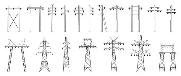Vector illustration of Electric pylons set. Electric tower construction and maintenance, powerline connection and electricity network infrastructure construction. Vector flat collection