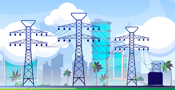 Electric line with pylons. Grid transmission system with towers and towers. Power network infrastructure vector concept. Cityscape with electricity network construction, transformer with equipment