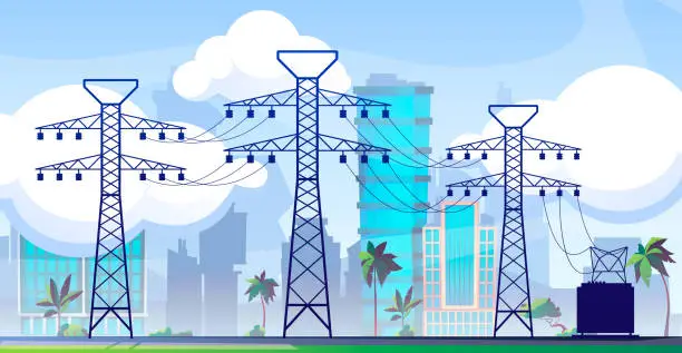 Vector illustration of Electric line with pylons. Grid transmission system with towers and towers. Power network infrastructure vector concept