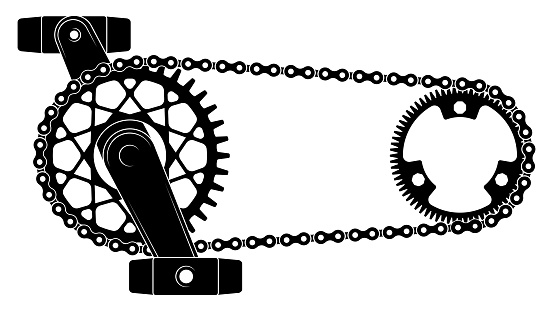 Bicycle chain drive. Gear mechanism with sprocket wheel and bicycle drive belts, urban transport pedal gearshift mechanism. Vector illustration. Equipment component for bike, vehicle parts