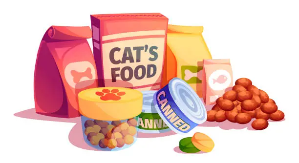 Vector illustration of Pet food packs. Nature food for animals, veterinarian supplies with pets, food for animals with paw, pet store with bag with natural products. Vector set