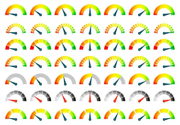 Vector illustration of Gauge meter. Rating scale bar indicator with arrow speedometer, dashboard scale panel level meter for measurement speed. Vector set