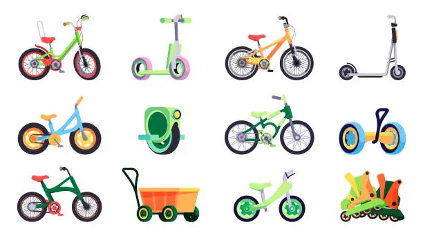 Vector illustration of Transport for children. Cartoon kids and teen bicycle scoother, colorful toddlers skate, three wheels bike, rollers. Vector isolated set