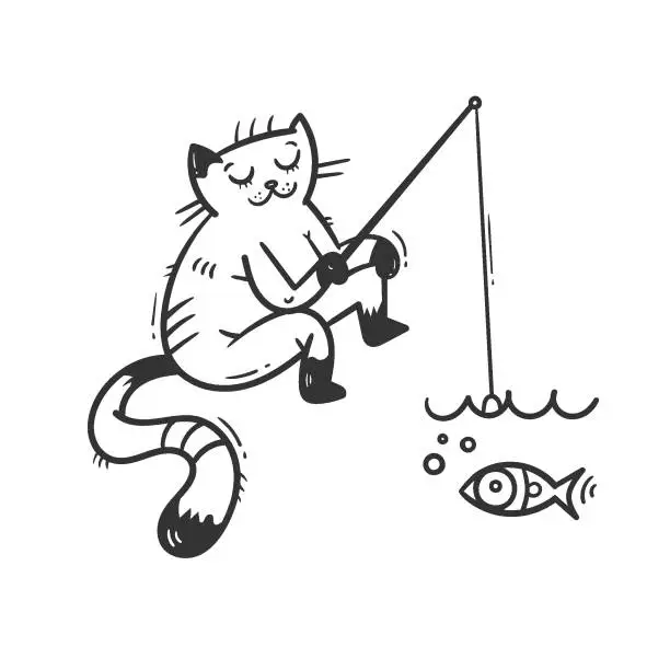 Vector illustration of Card with  cute cartoon  fishing cat.  Funny doodle kitten. Vector contour image. Playful animal print.