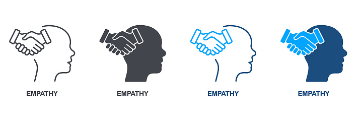 Empathy and Compassion Silhouette and Line Icon Set. Emotional Solace, Solidarity Symbol Collection. Human Head and Agreement Handshake Pictogram. Isolated Vector Illustration.