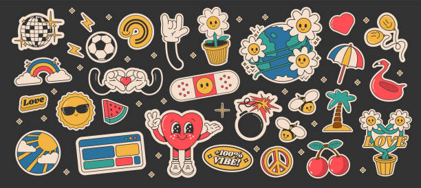 Cartoon groovy stickers 70s. Cute retro characters. Hippie style, set cute labels. Isolated on black background Cartoon groovy stickers 70s. Cute retro characters. Hippie style, set cute labels. Isolated on black background cartoon earth happy planet stock illustrations