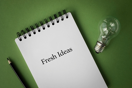 Notepad and light bulb on green.