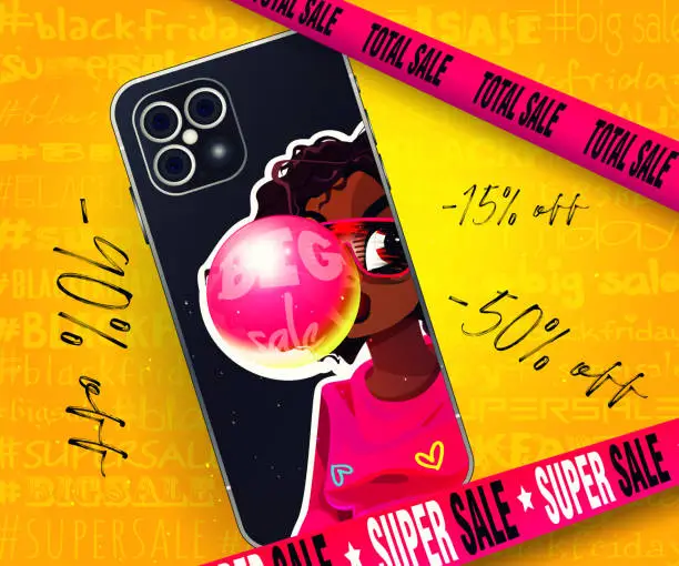 Vector illustration of Seasonal sales concept in cartoon style. Black Friday. Mobile phone screen with young beautiful african american woman on bright color seamless background with barrier tapes. Creative holiday web template.
