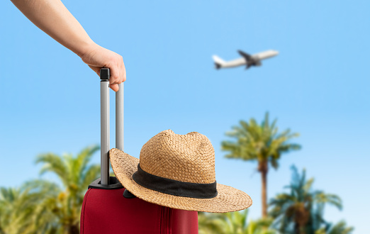 Woman with red suitcase standing on passengers ladder of airplane opposite sea with palm trees. Tourism concept