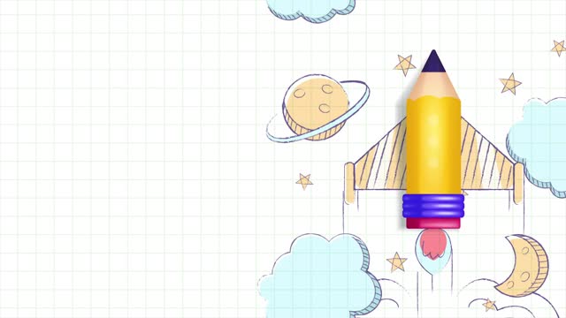 Yellow pencil with rocket theme flying on paper, hand drawn decoration of clouds, planets and stars. Suitable for business and education