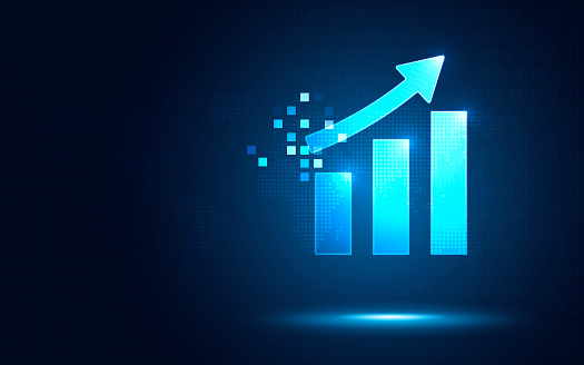 Futuristic raise arrow chart digital transformation abstract technology background. Big data and business growth currency stock and investment economy. Vector illustration