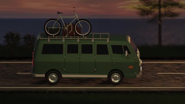 3D animation loop retro camper van driving on road near the sea, ocean at sunset