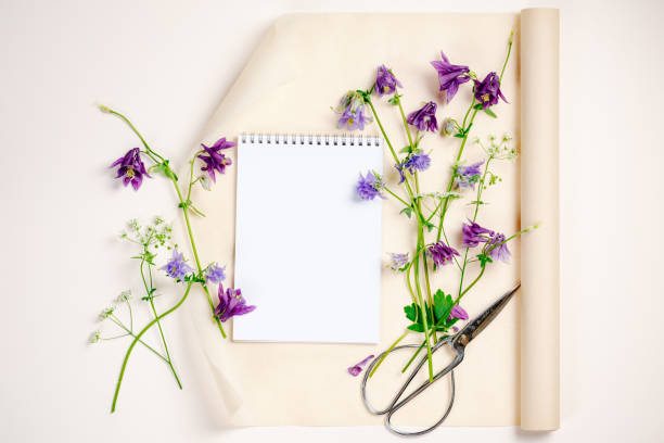 istock Aquilegia flowers, notebook blank mockup. 1497404829