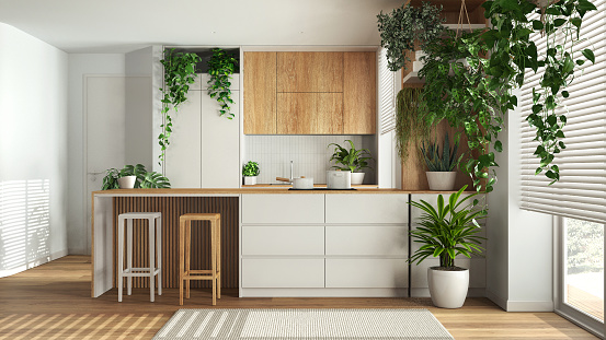 Home garden love. Wooden kitchen with island and stools interior design in white tones. Parquet, carpet and many house plants. Urban jungle, indoor biophilia idea