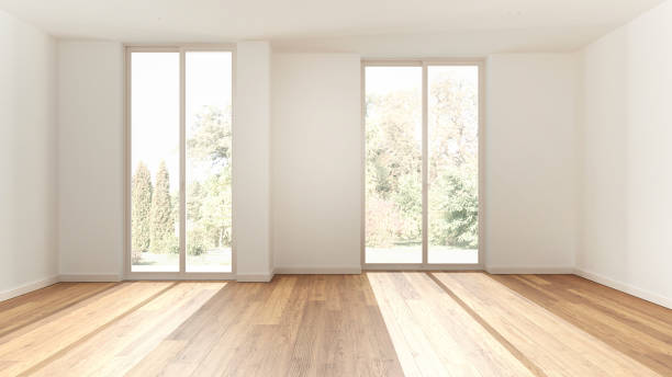 istock Wooden empty room interior design, open space with parquet floor, panoramic windows, white walls, modern contemporary architecture concept idea 1497405735