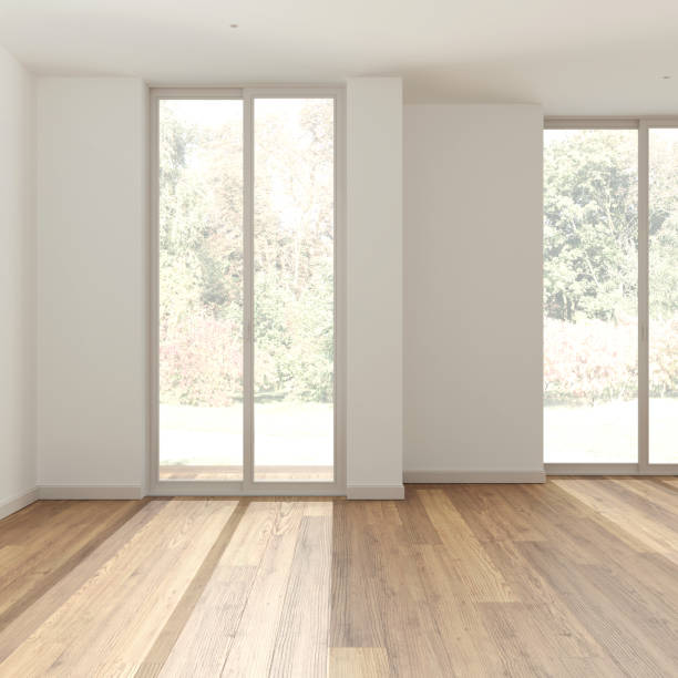 istock Wooden empty room interior design, open space with parquet floor, panoramic windows, white walls, modern contemporary architecture concept idea 1497405746