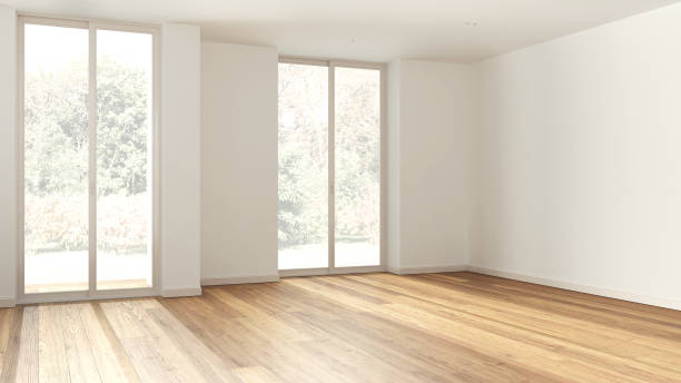 istock Wooden empty room interior design, open space with parquet floor, panoramic windows, white walls, modern contemporary architecture concept idea 1497405750