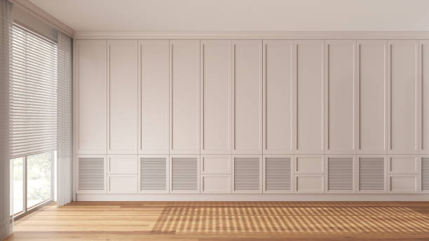 istock Interior walk-in closet, simple classic style in white tones. Window with blinds. Empty room design, wardrobe background with parquet wooden floor 1497405763