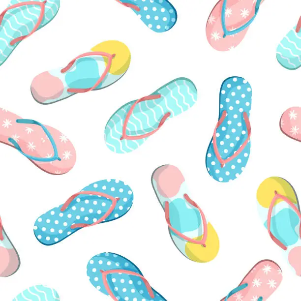 Vector illustration of Seamless pattern of colorful flip flops set isolated on white background. Vector illustration