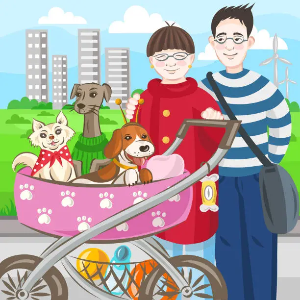 Vector illustration of Asian couple with 3 dogs in stroller vector image