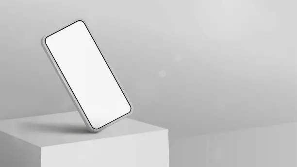 Vector illustration of White smartphone on square podium for product presentation, 3d realistic vector illustration. Smartphone mockup for your arts