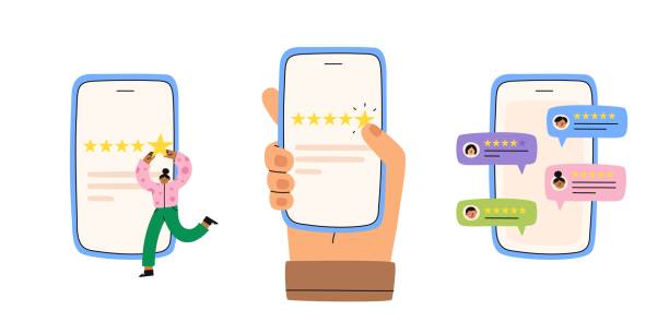 istock Consumer feedback. People give five stars feedback. Clients leaving positive review. Flat cartoon vector illustration. 1497413238