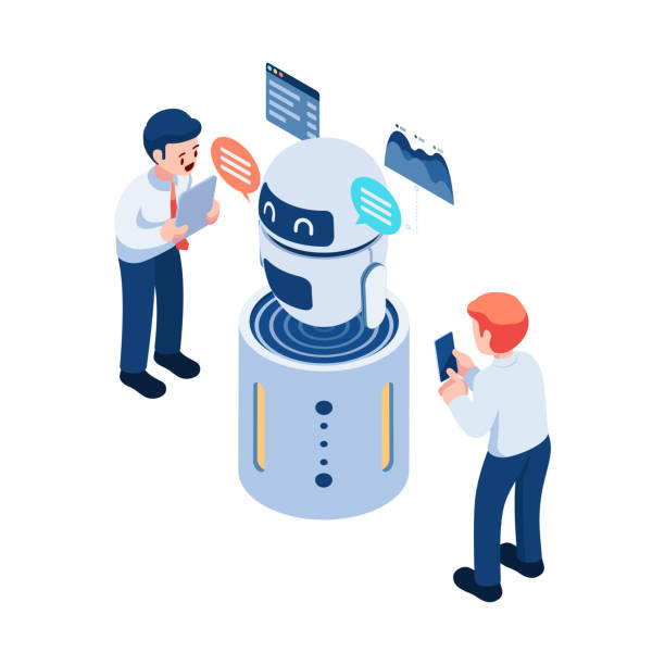 isometric businessman use ai or artificial intelligence chatbot - chat gpt stock illustrations