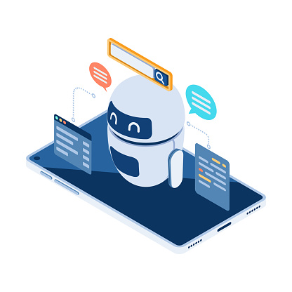 Flat 3d Isometric AI or Artificial Intelligence Chatbot or Robot on Smart Device. Machine Learning and Artificial Intelligence Technology Concept