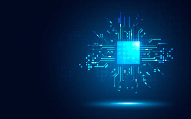 illustrations, cliparts, dessins animés et icônes de futuriste chipset processeur carte de circuit imprimé transformation numérique bleu technologie abstraite arrière-plan. concept innovant de cloud computing d’intelligence artificielle à chaîne de blocs technologiques. illustration vectorielle - circuit board connection block computer mother board