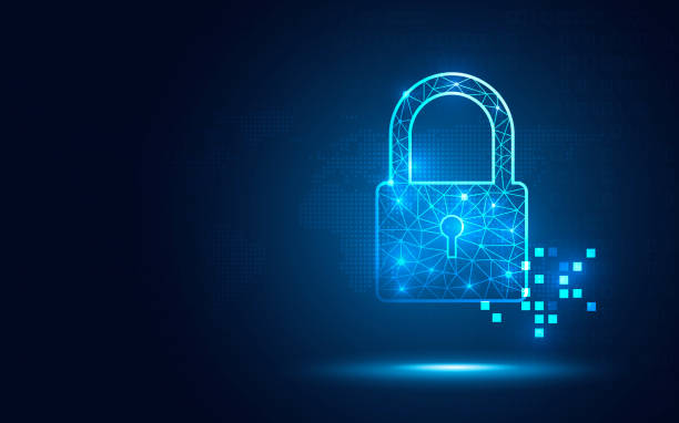 サイバーセキュリティ南京錠の青の抽象的デジタルバイナリコード背景。デコード技術とコンピュータネットワーク保護のコンセプト。新しい未来的なシステム技術のサインとシンボル。ベ� - padlock lock security system security点のイラスト素材／クリップアート素材／マンガ素材／アイコン素材