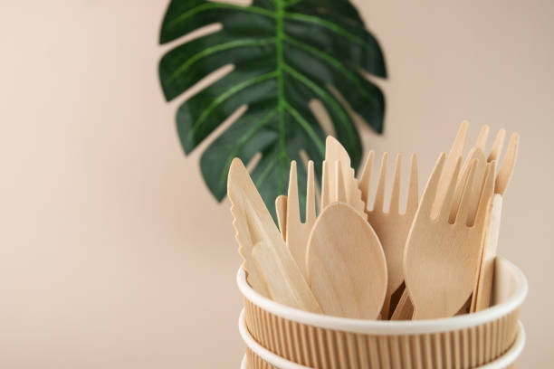 istock Reusable wooden utensils, organic kitchen utensils, plastic free, disposable tableware eco 1497421186