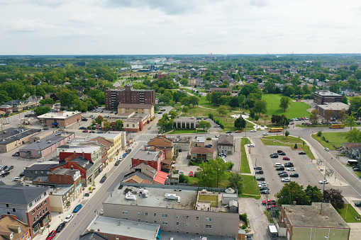 An aerial of Thorold, Ontario, Canada on spring morning
