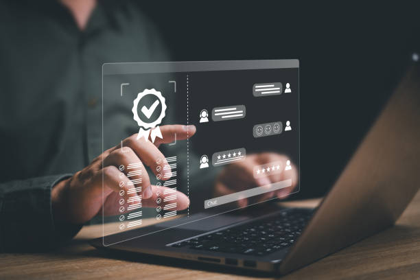 istock Customer Satisfaction guarantee and smart chat and checklist online concept on virtual screens, Businessman check the satisfaction rating through the chat system with customers' feedback on the laptop 1497424580