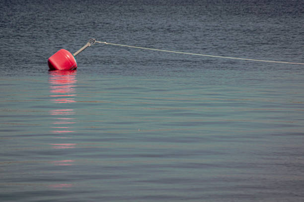Yellow red buoy on a calm river to mark the shipping route in the upper reaches of a weir, reed belt in the background