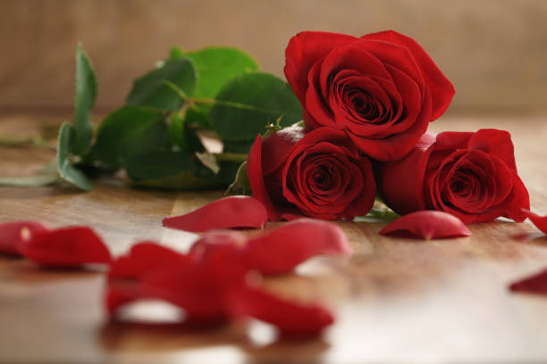 istock three red roses and petals on old wood table 1497430417