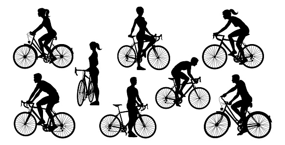 A set of bicycle cyclists riding their bikes in silhouette