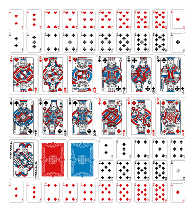 A truly full, complete deck of playing cards in red, blue and black. All cards including joker plus and backs. An original design in a classic vintage style. Standard poker size.