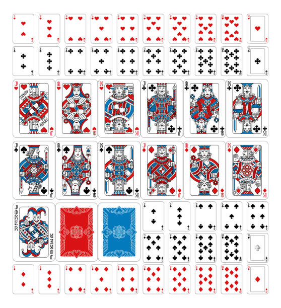 Playing Cards Deck Full Complete Red Blue Black A truly full, complete deck of playing cards in red, blue and black. All cards including joker plus and backs. An original design in a classic vintage style. Standard poker size. King Size stock illustrations