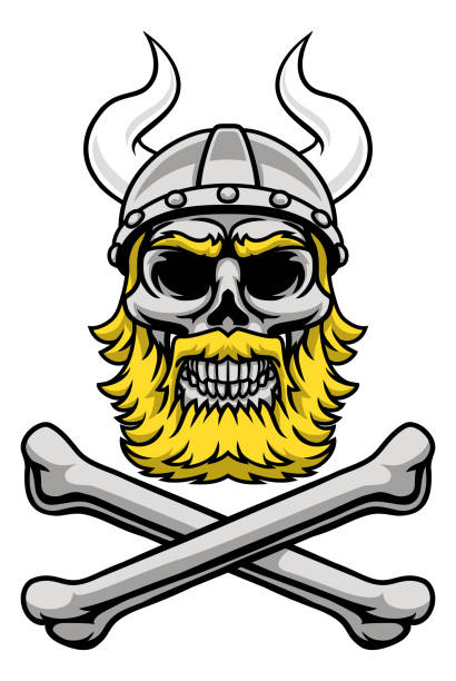 ilustraciones, imágenes clip art, dibujos animados e iconos de stock de casco de guerrero vikingo calavera pirata huesos cruzados - viking mascot warrior pirate