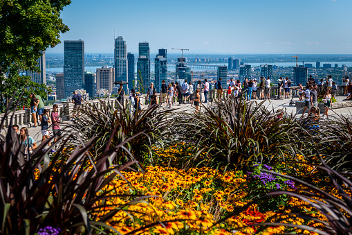 Montreal, Canada - August 28, 2022: View from the Mount Royal to the skyline of Montreal.