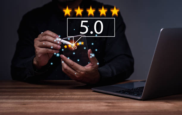 istock Customer service experience and business satisfaction survey. Woman using smartphone, give five star symbol to increase rating of product, service mind concept. Business corporate survey of service. 1497434431