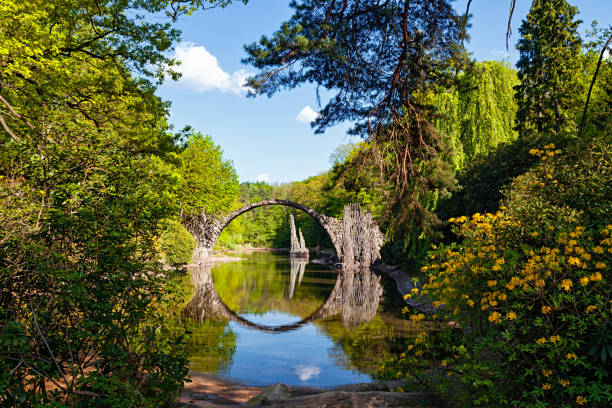 istock Arch Bridge (Rakotzbrucke, Devil’s Bridge) in Kromlau, Germany, with reflections in calm water 1497436394