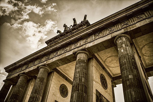 A low angle of the Brandenburg Gate in Berlin, Germany