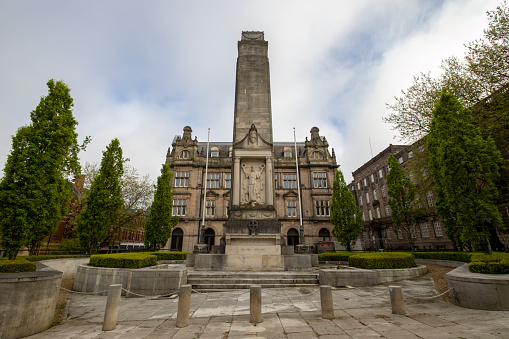 Preston, Lancashire, UK - May 2023: The Preston Cenotaph stands in Market Square, Preston, Lancashire, UK
