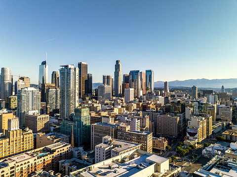 A view of the Downtown Los Angeles skyline. Early in the morning on a clear day in Los Angeles.