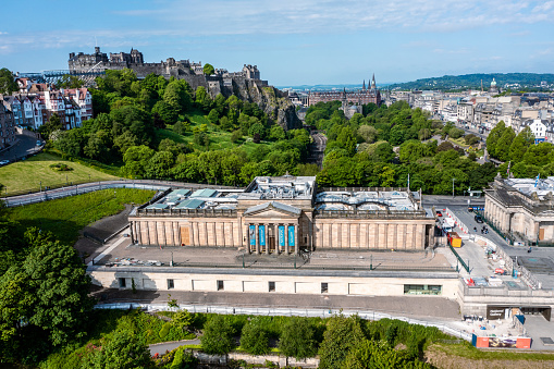 Edinburgh Scotland - June 4 2023: Aerial View of the Scottish National Gallery and Edinburgh Castle in Scotland United Kingdom