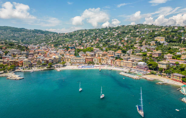 Santa Margherita Cove An aerial view of Santa Margherita, Cinque Terre, Italy. santa margherita ligure italy stock pictures, royalty-free photos & images