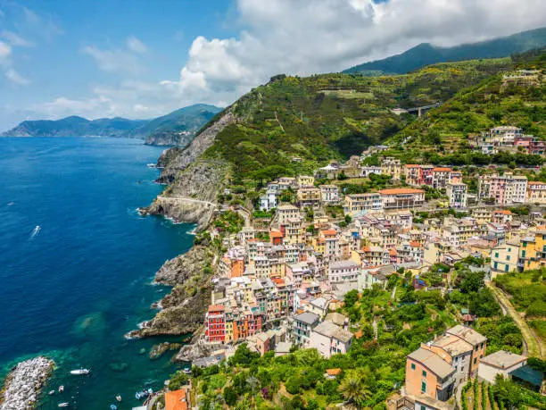 An aerial view of Riomaggiore, Cinque Terre, Italy.